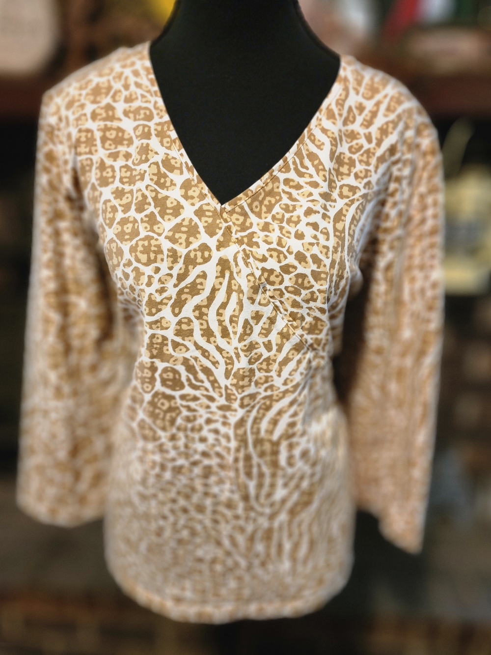 Ruby Rd. Cream and Tan Animal Print V-Neck Top 3/4 Sleeve